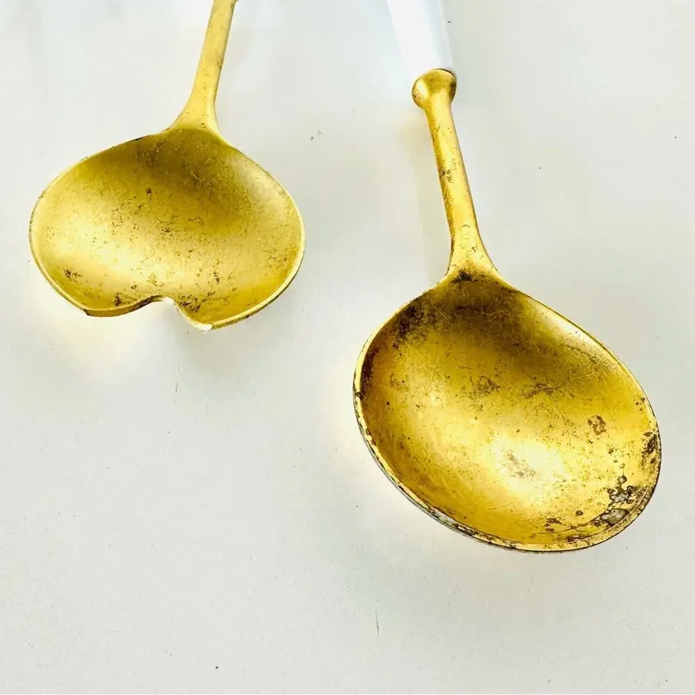 VINTAGE Gold Brass White Enamel Handle Salad Spoon Tosser Serving Utensil Set